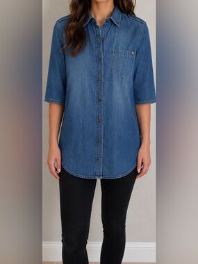 Guess 100% Cotton Denim Button-Front Shirt Blue Wash Size M